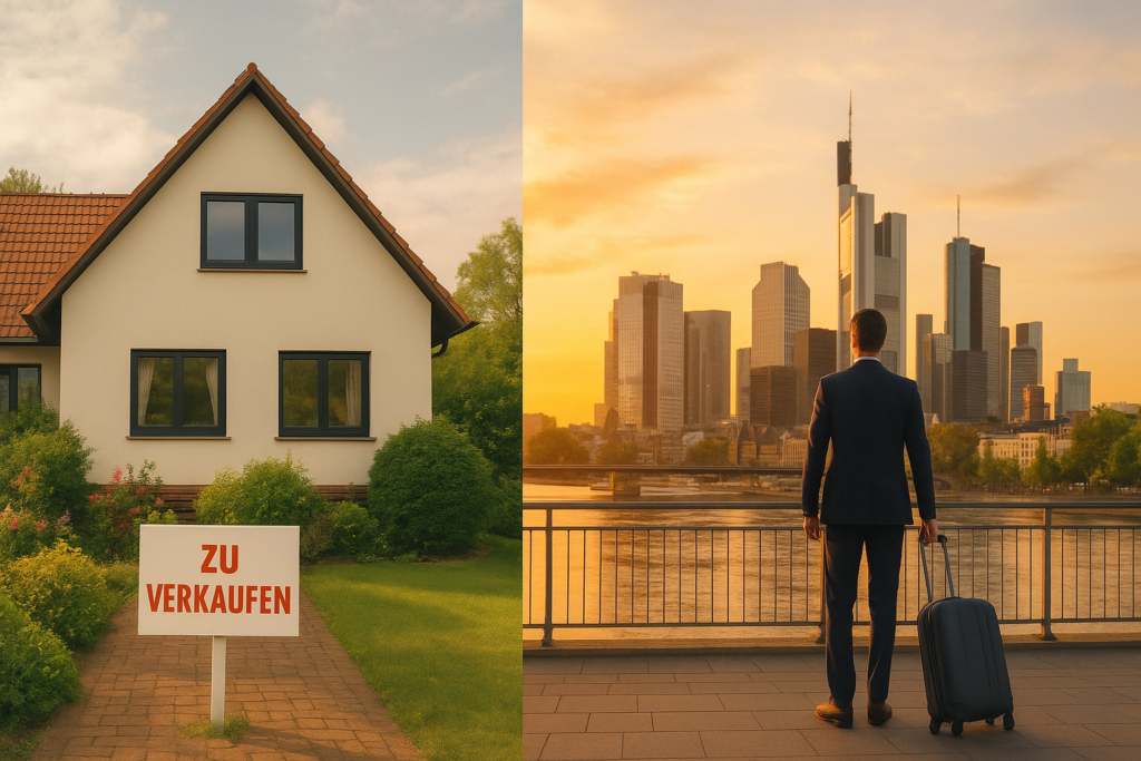 ein geteiltes Bild, welches das alte Haus und das neue Leben eines Menschen im Ausland zeigt