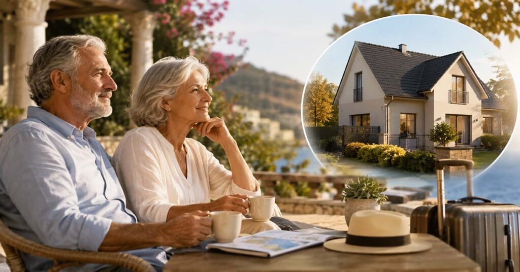 Älteres Paar sitzt mit Kaffee auf einer Terrasse am Meer und blickt in die Ferne, daneben ein eingeblendetes Haus als Symbol für den Immobilienverkauf vor dem Lebensabend im Ausland. I Lebensabend im Ausland