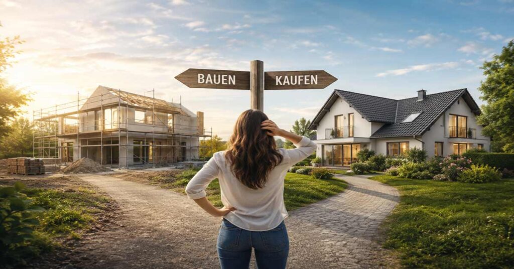 Frau steht vor der Entscheidung zwischen Neubau und Hauskauf mit Wegweisern „Bauen“ und „Kaufen“ vor zwei Immobilien. I Bauen oder kaufen?