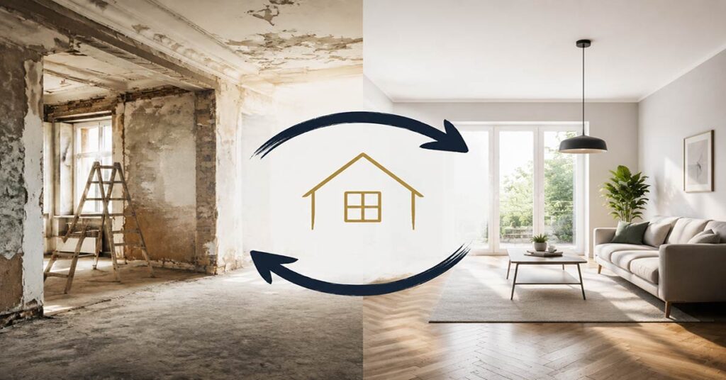 Symbolbild für Immobilienhandel: Eine renovierungsbedürftige Immobilie wird durch einen Umbauprozess in ein modernes Zuhause verwandelt, dargestellt durch zwei Gebäudeseiten mit Pfeilen und Haussymbol. I Immobilienhandel