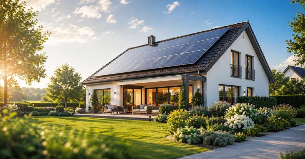 Modernes Einfamilienhaus mit Photovoltaikanlage auf dem Dach – Solarenergie als wertsteigernder Faktor beim Immobilienverkauf. I Photovoltaik beim Immobilienverkauf