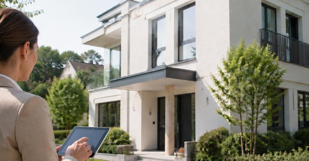 Immobilienmaklerin bewertet eine Immobilie mit dem Sachwertverfahren.