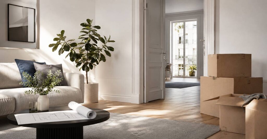 Helles, modern eingerichtetes Wohnzimmer mit Sofa, Zimmerpflanzen, Umzugskartons und offenen Türen – Symbolbild zum Thema Eigenbedarfskündigung