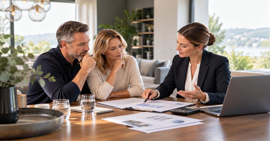 Paar im Beratungsgespräch mit einer Immobilienmaklerin über Unterlagen zum Immobilienverkauf.
