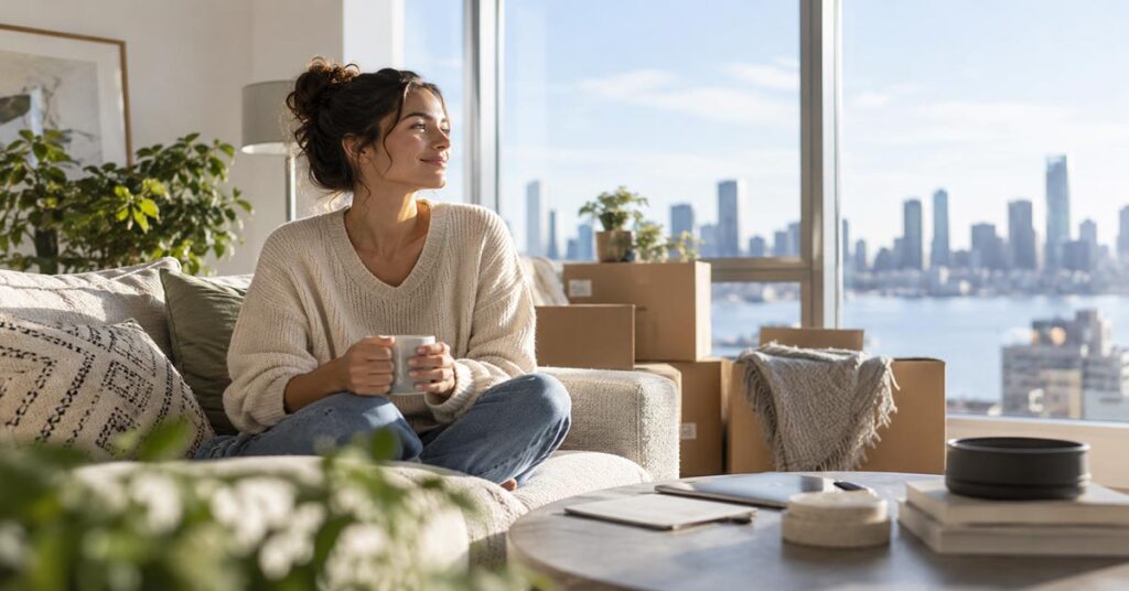 Junge Frau sitzt allein mit einer Tasse Kaffee auf dem Sofa ihrer neuen Wohnung, umgeben von Umzugskartons, mit Blick auf die Skyline einer Großstadt. | Immobilienfinanzierung